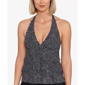 Swim Solutions Halter Tiered Ruffle Tankini Swim Top Polka Dot Black White 8 NWT